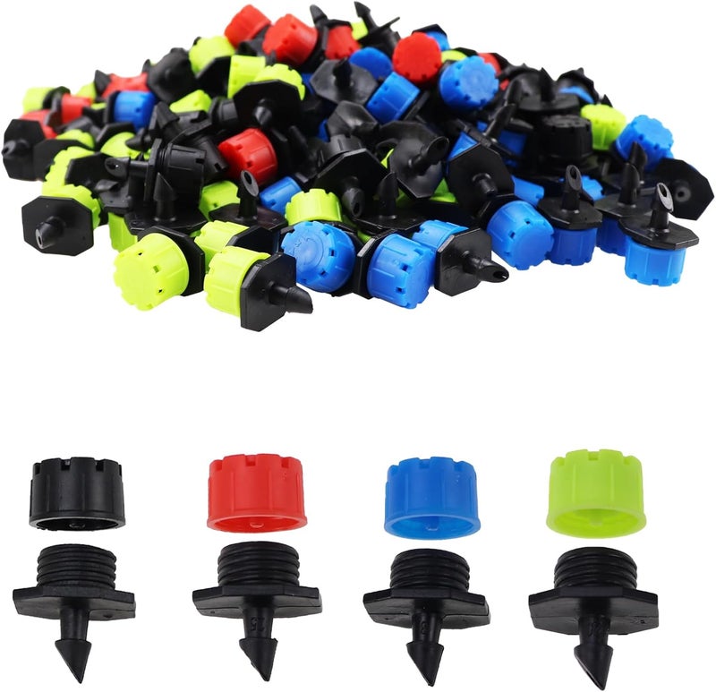 Nihfien 200 Pcs Adjustable Irrigation Drippers Sprinklers, Universal 1/4" Irrigation Micro Drip Emitters 8-Hole 360 Degree Watering Sprinkler for 4mm/7mm Garden Tube Watering System(4 Color) - Image 1